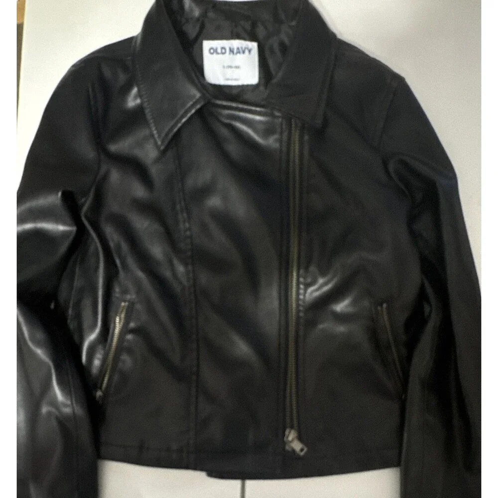 Old Navy Girls Black Faux Leather Biker Jacket L (10-12) Full Zip Lined